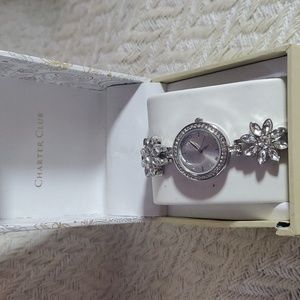 Charter Club Women's Silver-Tone Mixed Metal Crystal Flower Bracelet Watch, 25mm